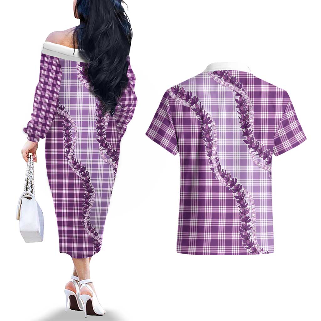 Violet Hawaii Palaka Couples Matching Off The Shoulder Long Sleeve Dress and Hawaiian Shirt Hawaiian Pikake Lei LT05 - Polynesian Pride