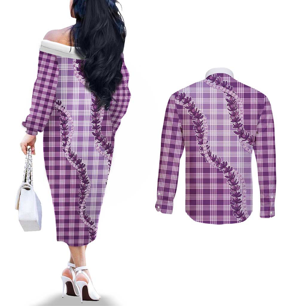Violet Hawaii Palaka Couples Matching Off The Shoulder Long Sleeve Dress and Long Sleeve Button Shirt Hawaiian Pikake Lei LT05 - Polynesian Pride