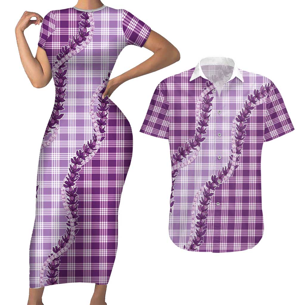 Violet Hawaii Palaka Couples Matching Short Sleeve Bodycon Dress and Hawaiian Shirt Hawaiian Pikake Lei