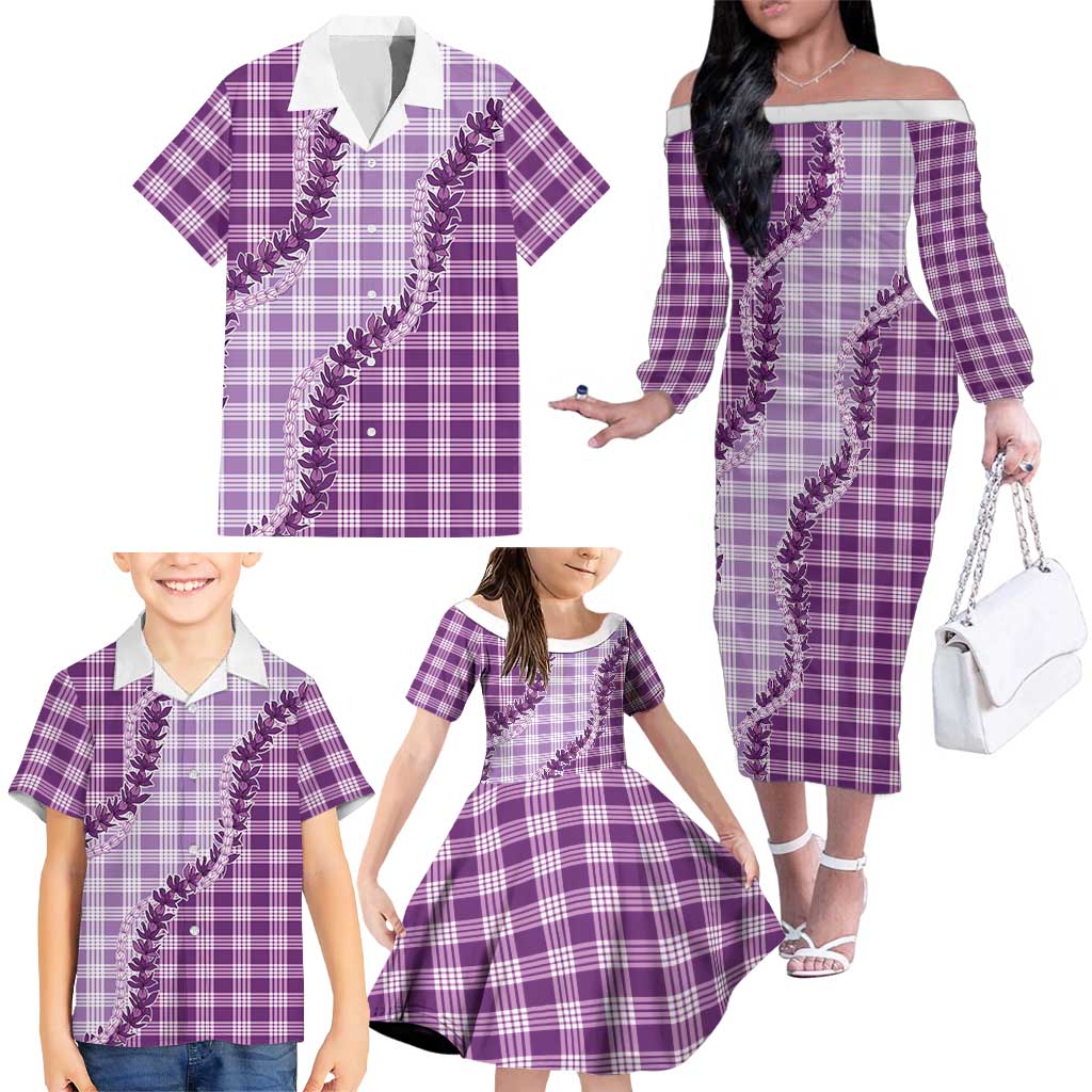Violet Hawaii Palaka Family Matching Off The Shoulder Long Sleeve Dress and Hawaiian Shirt Hawaiian Pikake Lei LT05 - Polynesian Pride