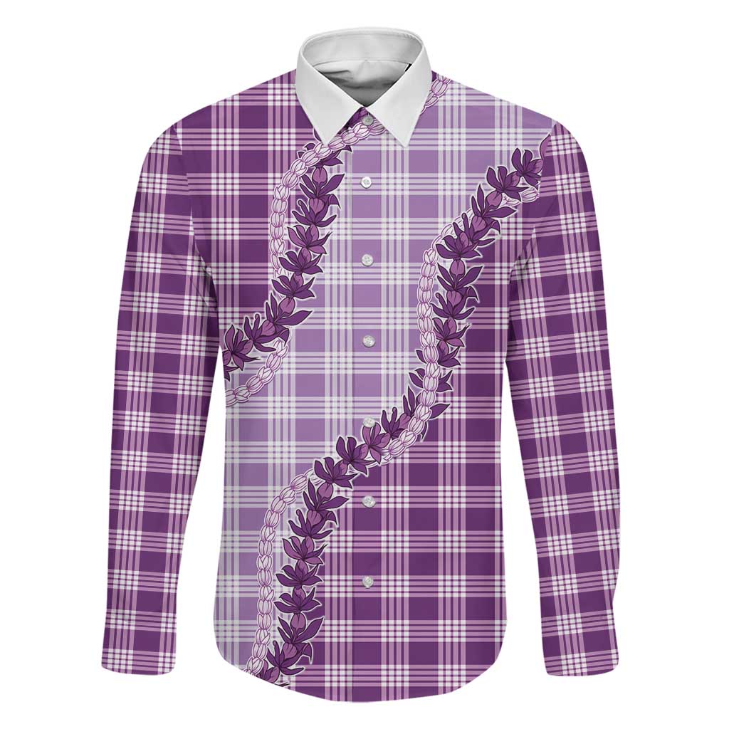 Violet Hawaii Palaka Family Matching Puletasi and Hawaiian Shirt Hawaiian Pikake Lei LT05 Dad's Shirt - Long Sleeve Violet - Polynesian Pride