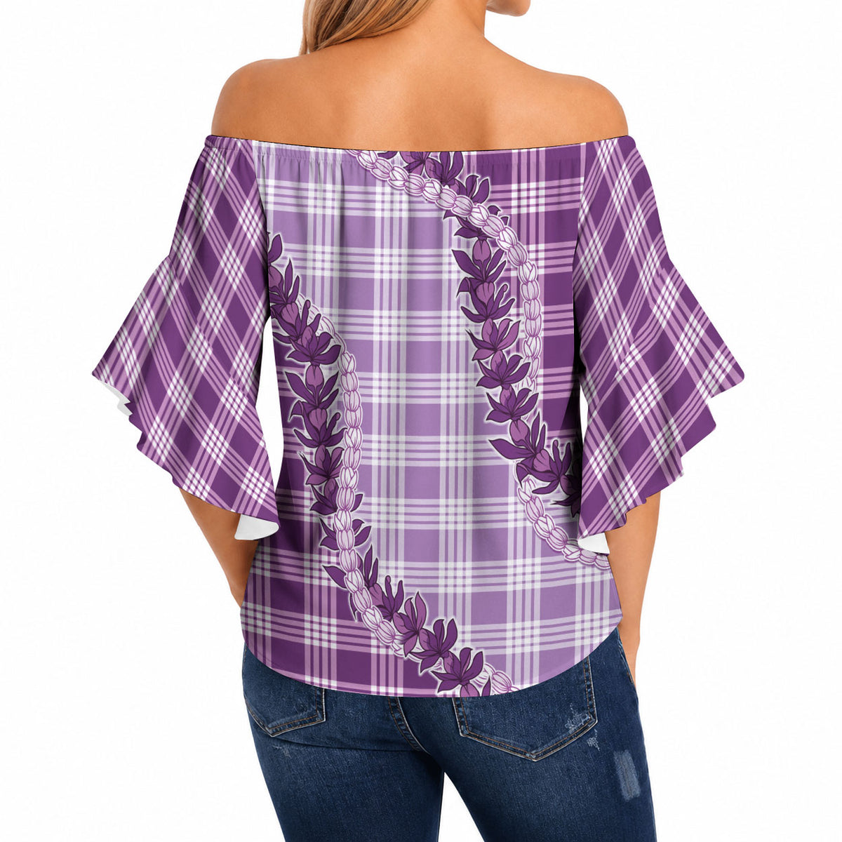 Violet Hawaii Palaka Off Shoulder Wrap Waist Top Hawaiian Pikake Lei LT05 - Polynesian Pride