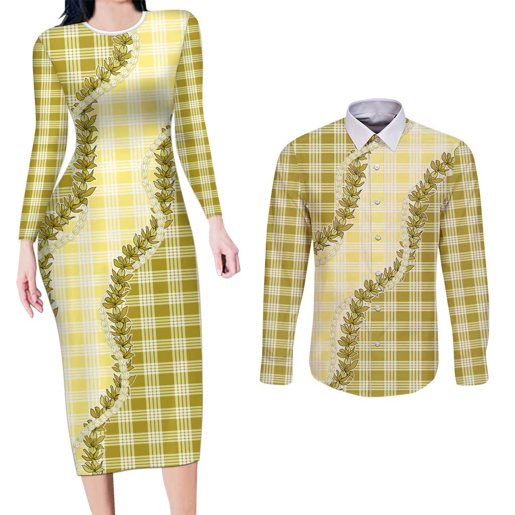 Yellow Hawaii Palaka Couples Matching Long Sleeve Bodycon Dress and Long Sleeve Button Shirt Hawaiian Pikake Lei LT05 Yellow - Polynesian Pride