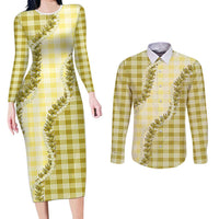 Yellow Hawaii Palaka Couples Matching Long Sleeve Bodycon Dress and Long Sleeve Button Shirt Hawaiian Pikake Lei LT05 Yellow - Polynesian Pride