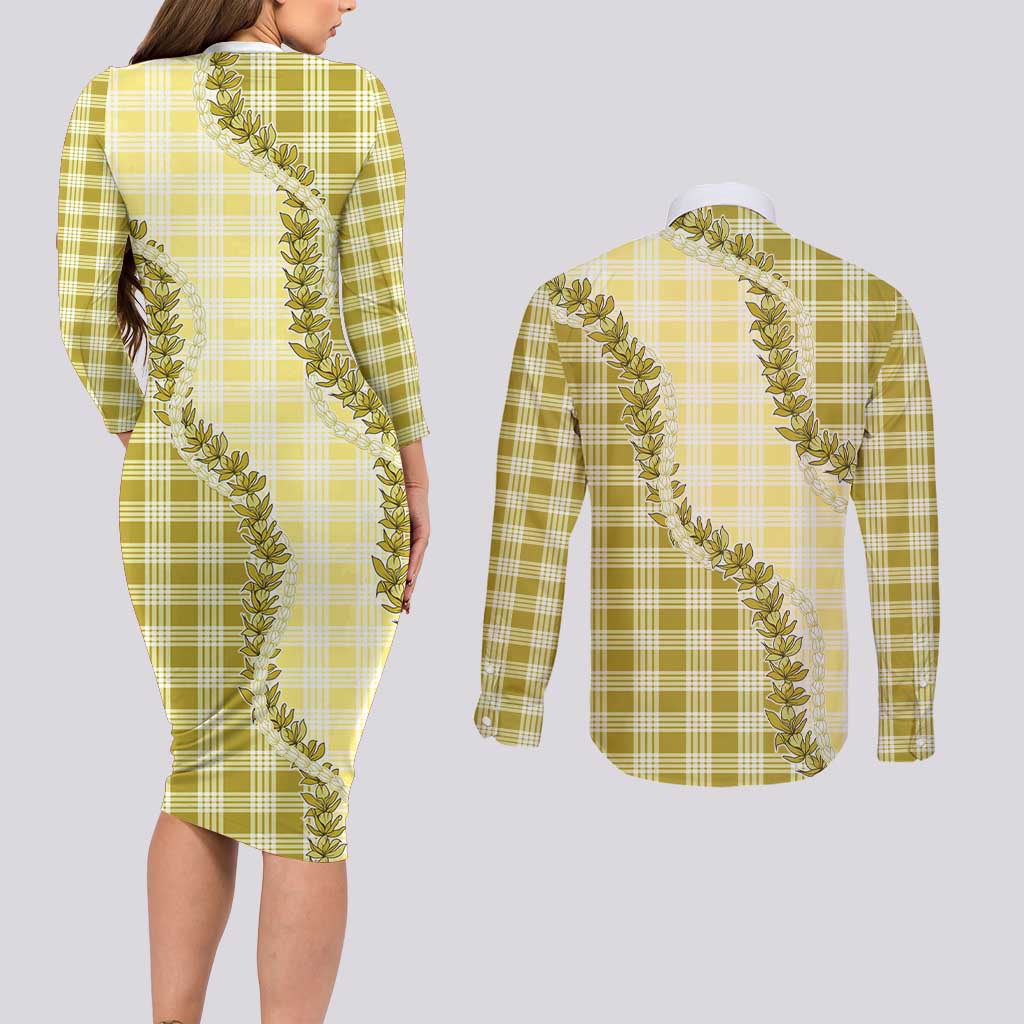 Yellow Hawaii Palaka Couples Matching Long Sleeve Bodycon Dress and Long Sleeve Button Shirt Hawaiian Pikake Lei LT05 - Polynesian Pride