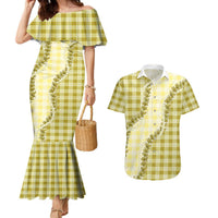 Yellow Hawaii Palaka Couples Matching Mermaid Dress and Hawaiian Shirt Hawaiian Pikake Lei LT05 Yellow - Polynesian Pride
