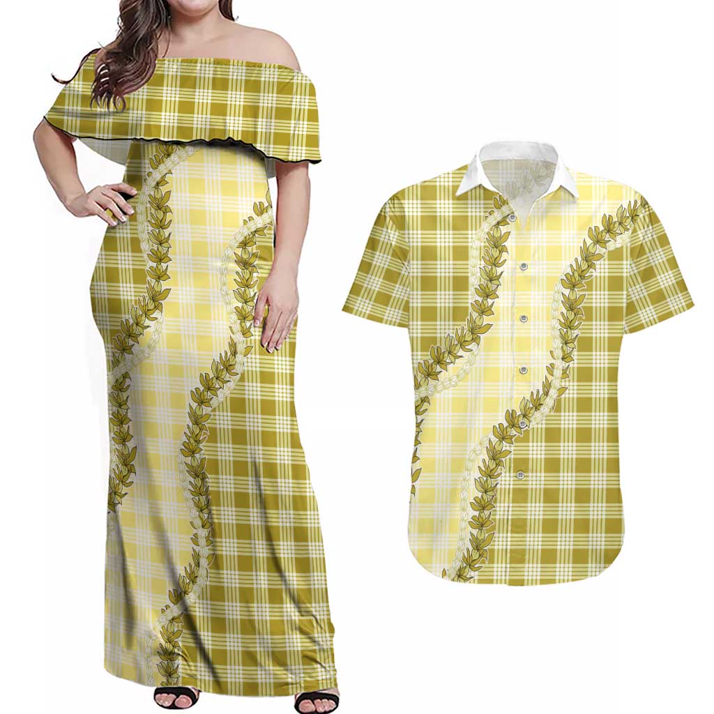 Yellow Hawaii Palaka Couples Matching Off Shoulder Maxi Dress and Hawaiian Shirt Hawaiian Pikake Lei LT05 Yellow - Polynesian Pride