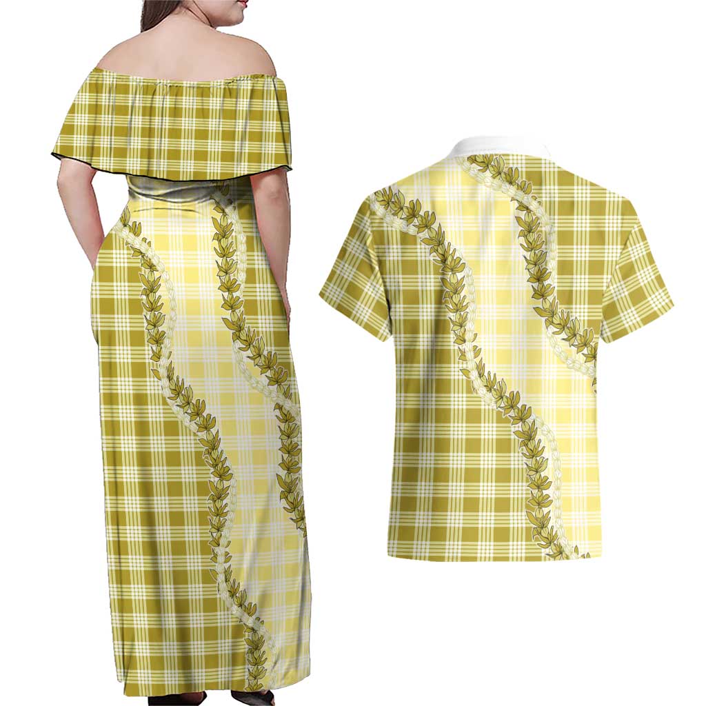 Yellow Hawaii Palaka Couples Matching Off Shoulder Maxi Dress and Hawaiian Shirt Hawaiian Pikake Lei LT05 - Polynesian Pride