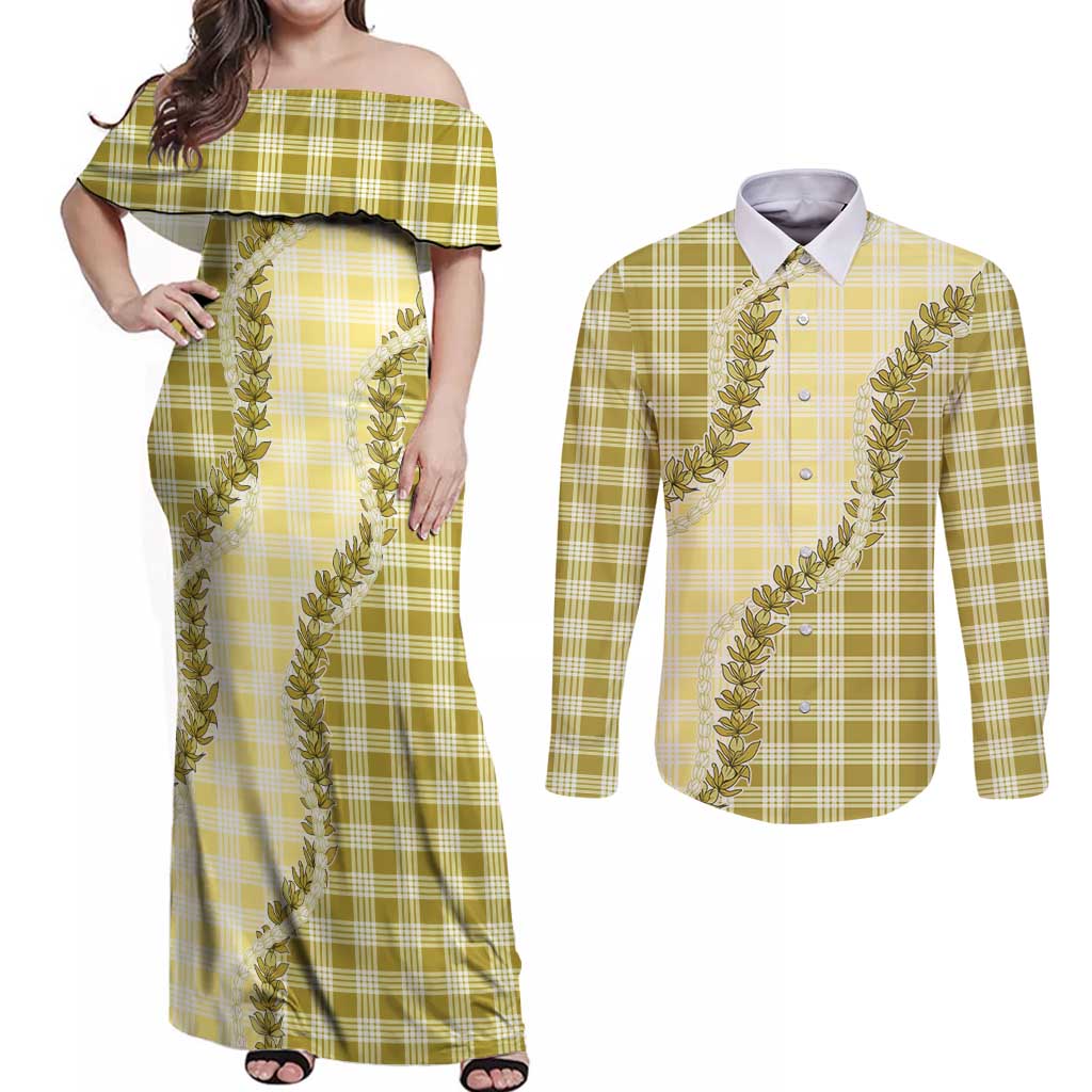 Yellow Hawaii Palaka Couples Matching Off Shoulder Maxi Dress and Long Sleeve Button Shirt Hawaiian Pikake Lei