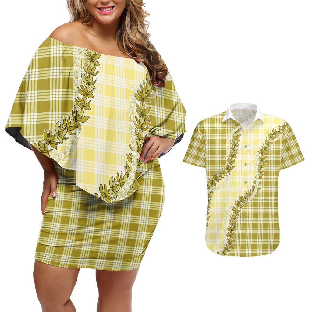 Yellow Hawaii Palaka Couples Matching Off Shoulder Short Dress and Hawaiian Shirt Hawaiian Pikake Lei LT05 Yellow - Polynesian Pride