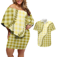 Yellow Hawaii Palaka Couples Matching Off Shoulder Short Dress and Hawaiian Shirt Hawaiian Pikake Lei LT05 Yellow - Polynesian Pride