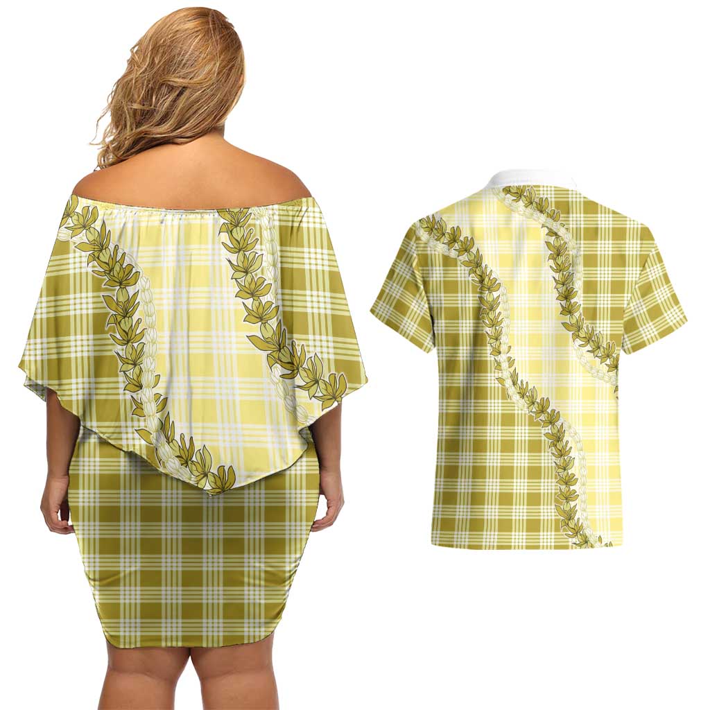 Yellow Hawaii Palaka Couples Matching Off Shoulder Short Dress and Hawaiian Shirt Hawaiian Pikake Lei LT05 - Polynesian Pride