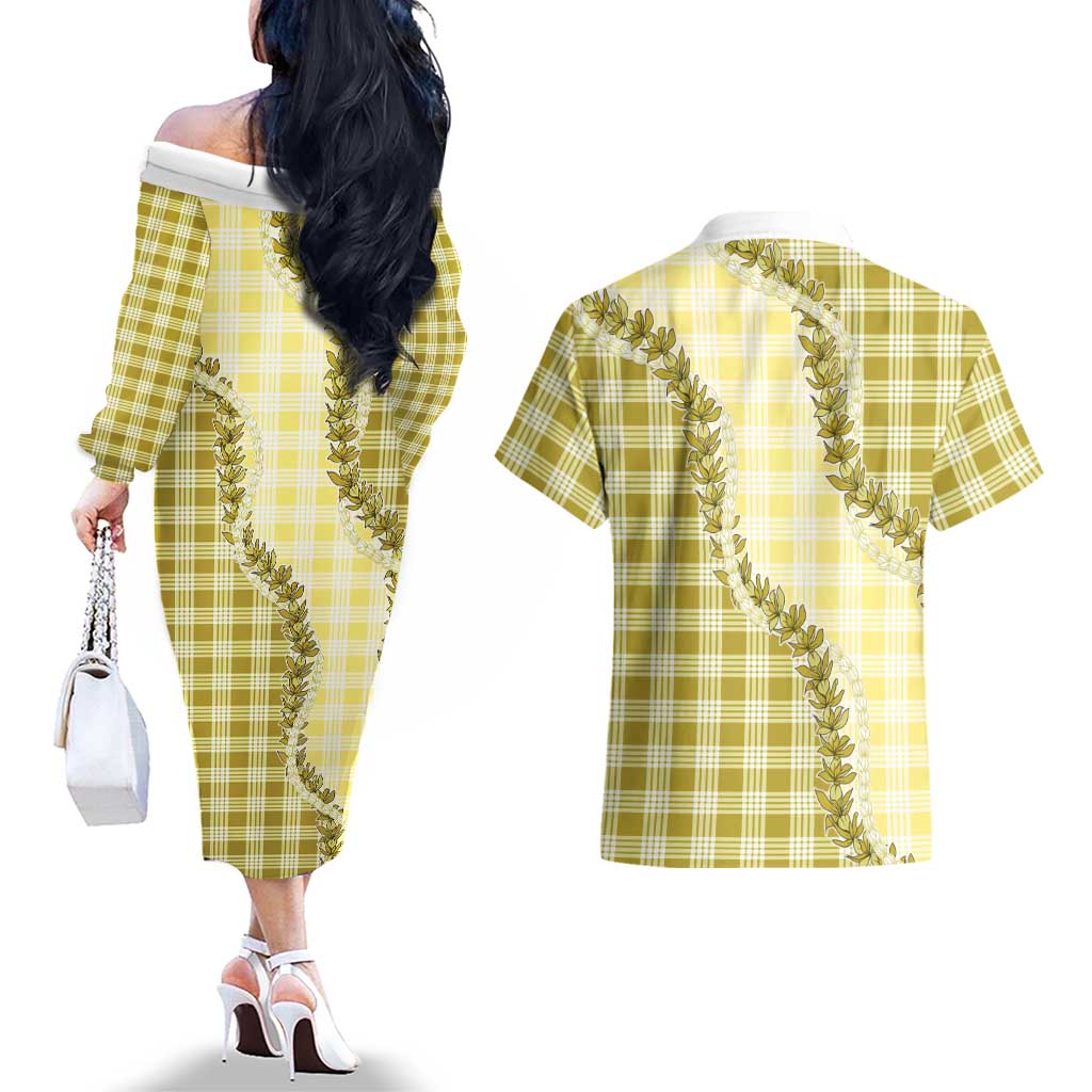 Yellow Hawaii Palaka Couples Matching Off The Shoulder Long Sleeve Dress and Hawaiian Shirt Hawaiian Pikake Lei LT05 - Polynesian Pride