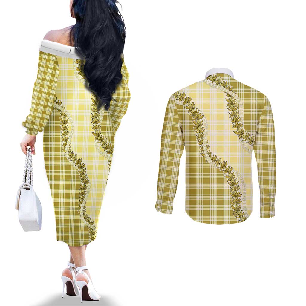 Yellow Hawaii Palaka Couples Matching Off The Shoulder Long Sleeve Dress and Long Sleeve Button Shirt Hawaiian Pikake Lei LT05 - Polynesian Pride