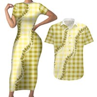 Yellow Hawaii Palaka Couples Matching Short Sleeve Bodycon Dress and Hawaiian Shirt Hawaiian Pikake Lei LT05 Yellow - Polynesian Pride
