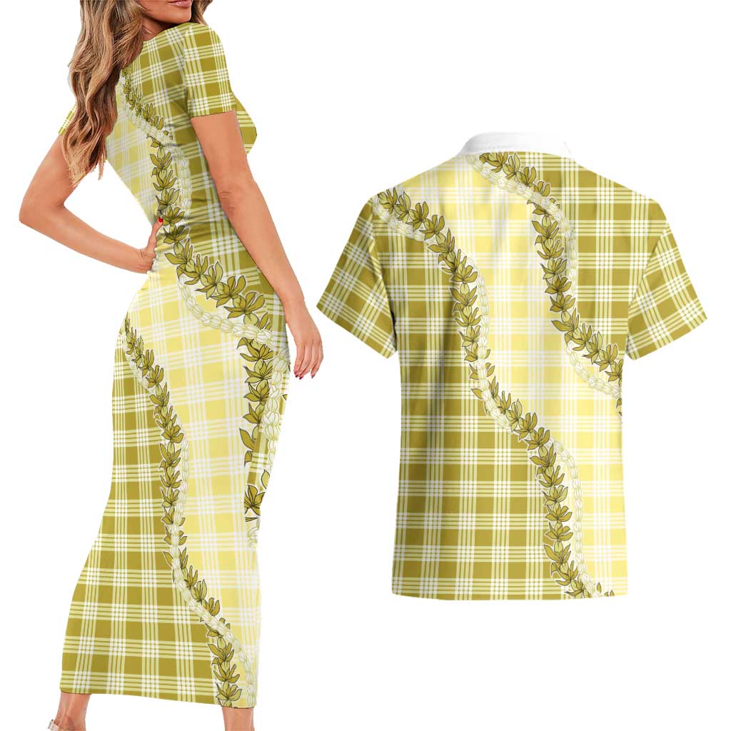 Yellow Hawaii Palaka Couples Matching Short Sleeve Bodycon Dress and Hawaiian Shirt Hawaiian Pikake Lei LT05 - Polynesian Pride