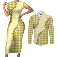 Yellow Hawaii Palaka Couples Matching Short Sleeve Bodycon Dress and Long Sleeve Button Shirt Hawaiian Pikake Lei LT05 Yellow - Polynesian Pride