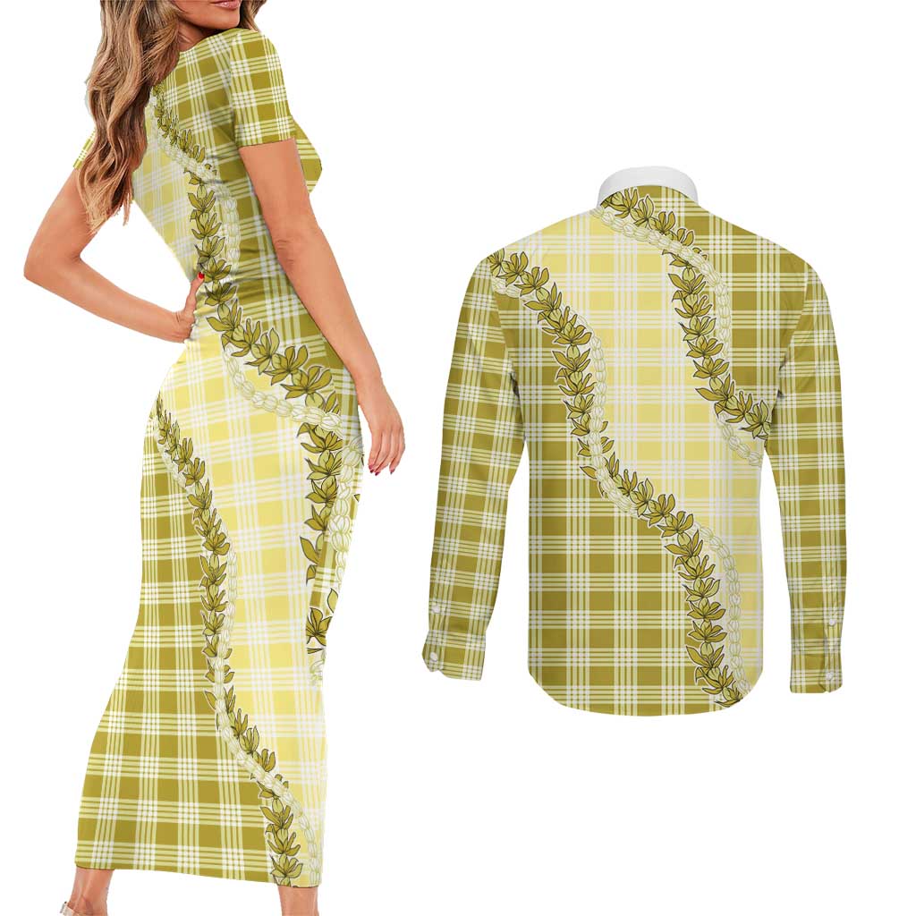 Yellow Hawaii Palaka Couples Matching Short Sleeve Bodycon Dress and Long Sleeve Button Shirt Hawaiian Pikake Lei LT05 - Polynesian Pride