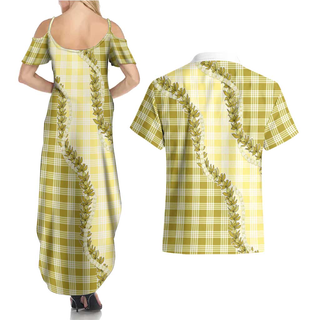 Yellow Hawaii Palaka Couples Matching Summer Maxi Dress and Hawaiian Shirt Hawaiian Pikake Lei LT05 - Polynesian Pride