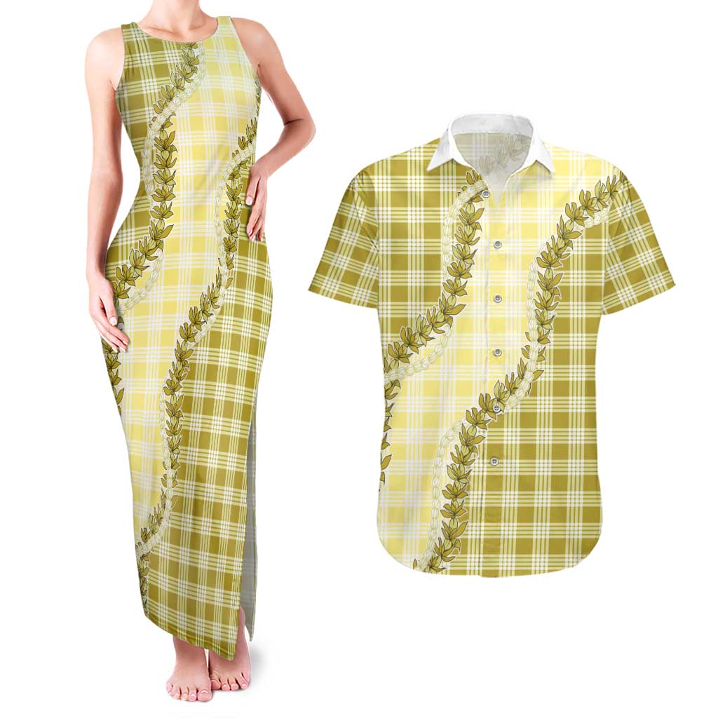 Yellow Hawaii Palaka Couples Matching Tank Maxi Dress and Hawaiian Shirt Hawaiian Pikake Lei LT05 Yellow - Polynesian Pride