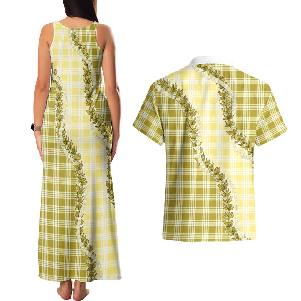 Yellow Hawaii Palaka Couples Matching Tank Maxi Dress and Hawaiian Shirt Hawaiian Pikake Lei LT05 - Polynesian Pride