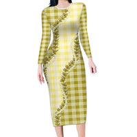 Yellow Hawaii Palaka Family Matching Long Sleeve Bodycon Dress and Hawaiian Shirt Hawaiian Pikake Lei LT05 Mom's Dress Yellow - Polynesian Pride