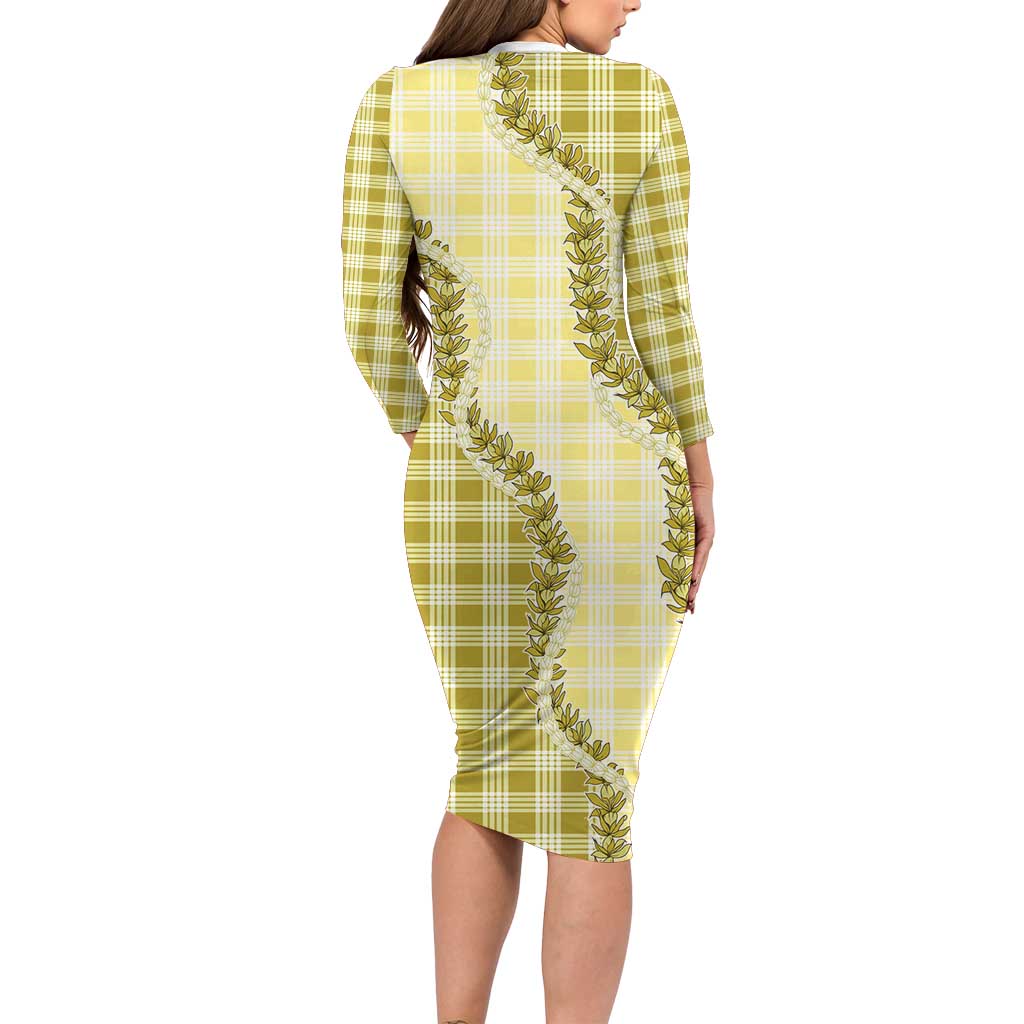 Yellow Hawaii Palaka Family Matching Long Sleeve Bodycon Dress and Hawaiian Shirt Hawaiian Pikake Lei LT05 - Polynesian Pride
