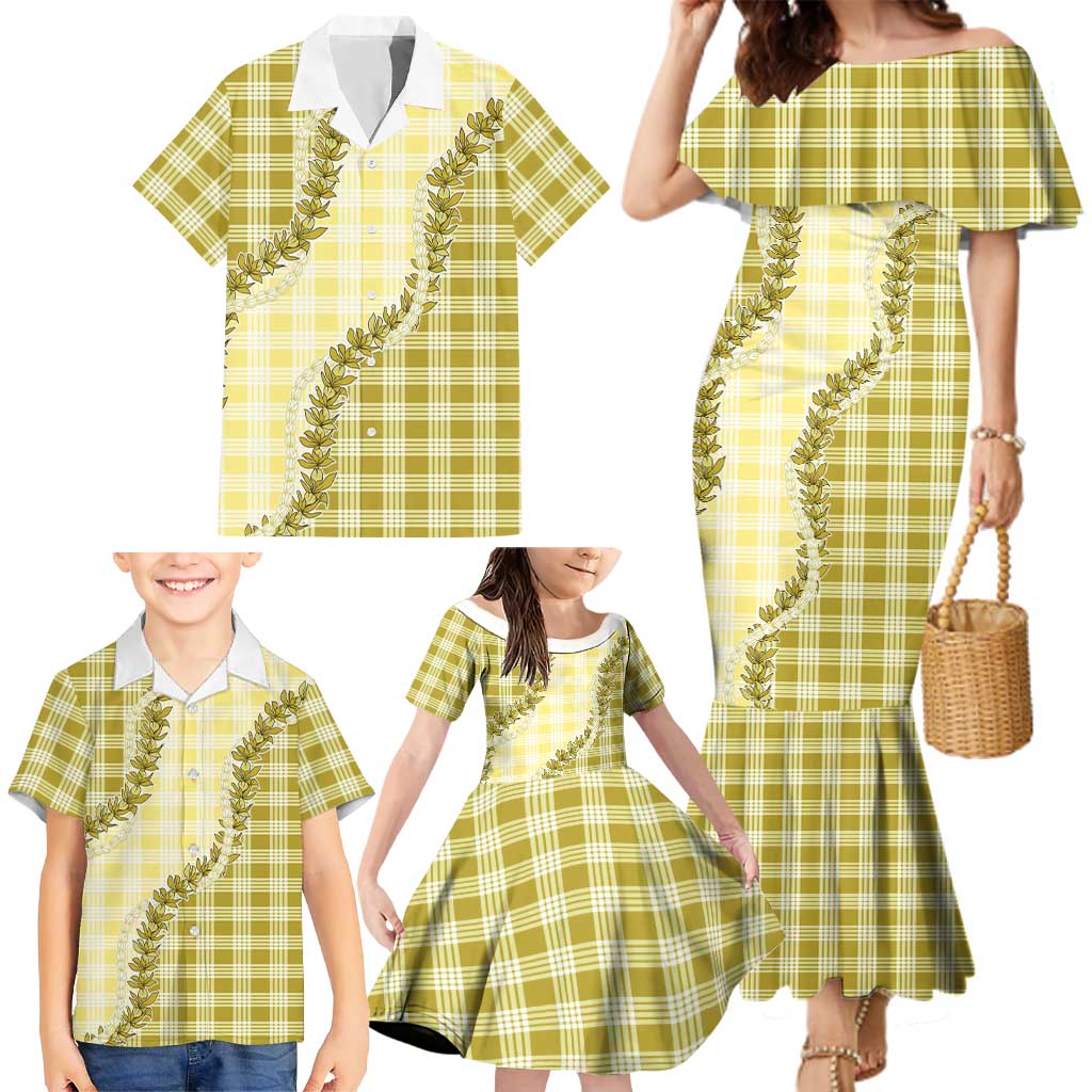 Yellow Hawaii Palaka Family Matching Mermaid Dress and Hawaiian Shirt Hawaiian Pikake Lei LT05 - Polynesian Pride