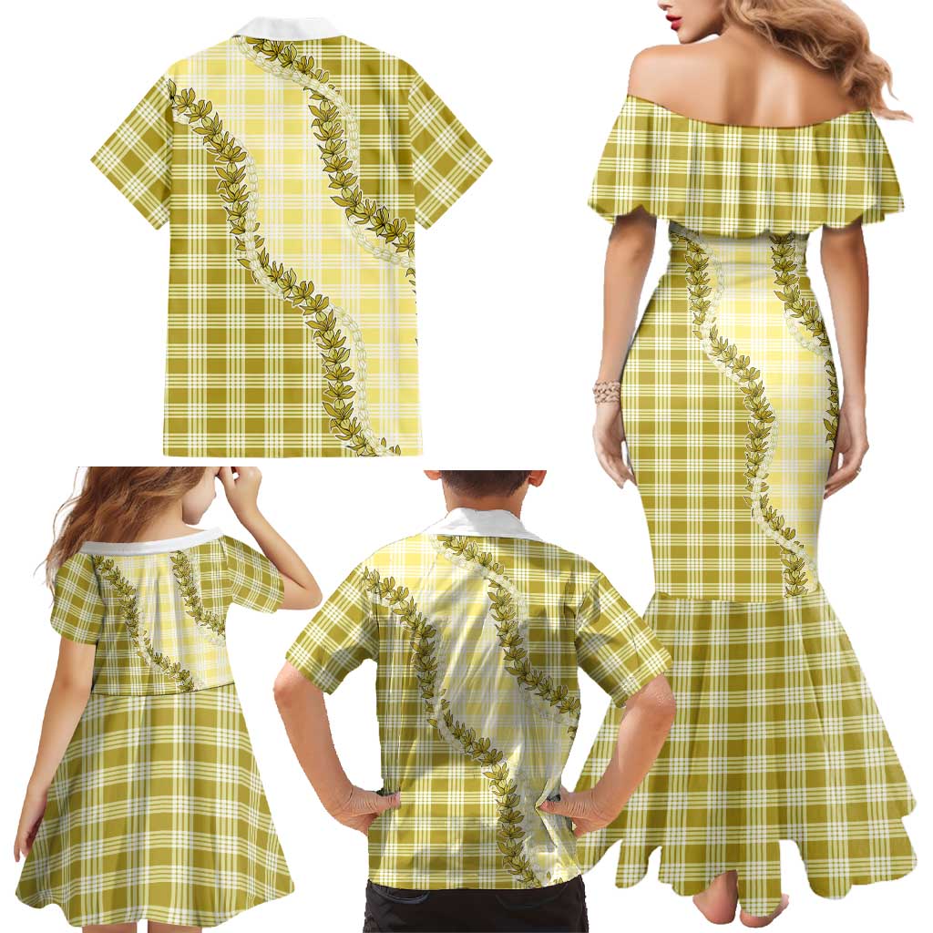 Yellow Hawaii Palaka Family Matching Mermaid Dress and Hawaiian Shirt Hawaiian Pikake Lei LT05 - Polynesian Pride
