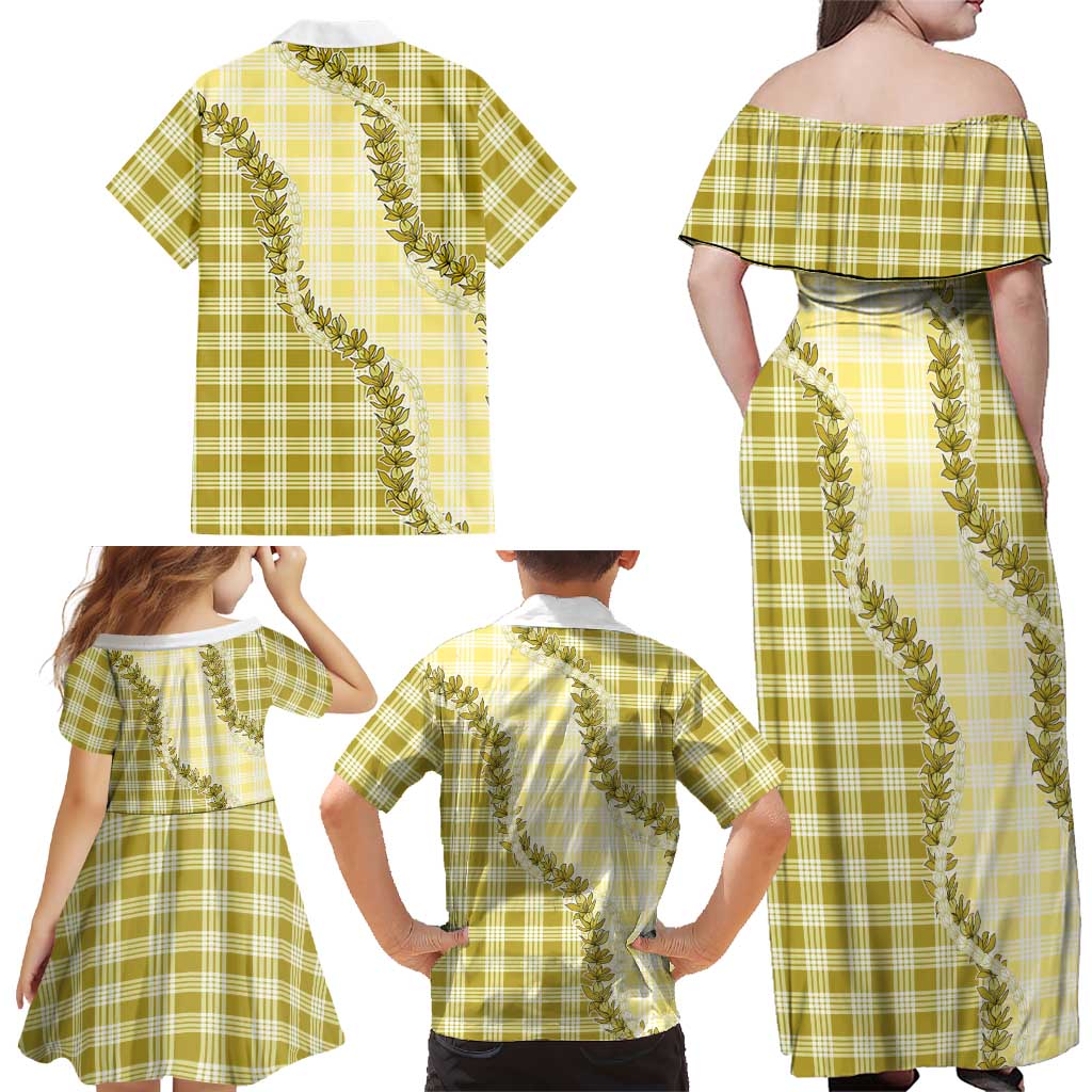 Yellow Hawaii Palaka Family Matching Off Shoulder Maxi Dress and Hawaiian Shirt Hawaiian Pikake Lei LT05 - Polynesian Pride