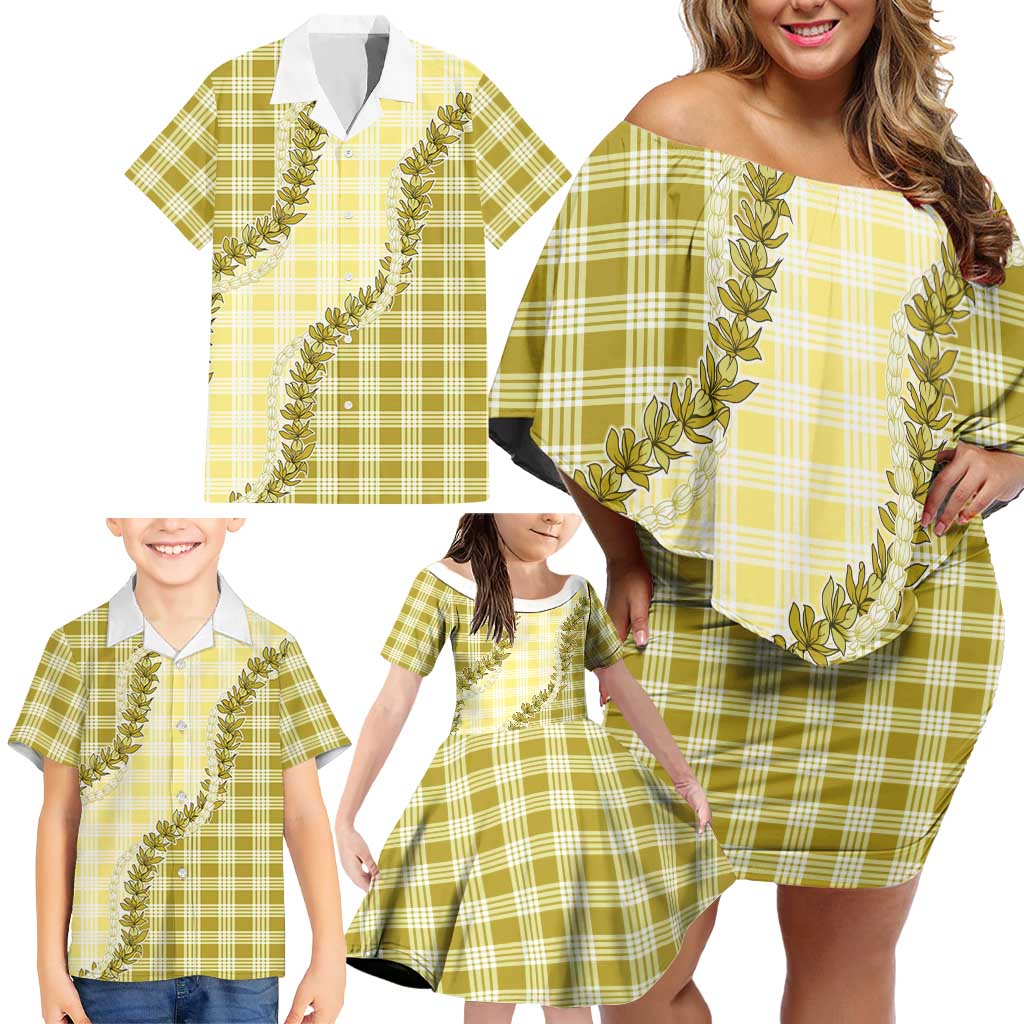 Yellow Hawaii Palaka Family Matching Off Shoulder Short Dress and Hawaiian Shirt Hawaiian Pikake Lei
