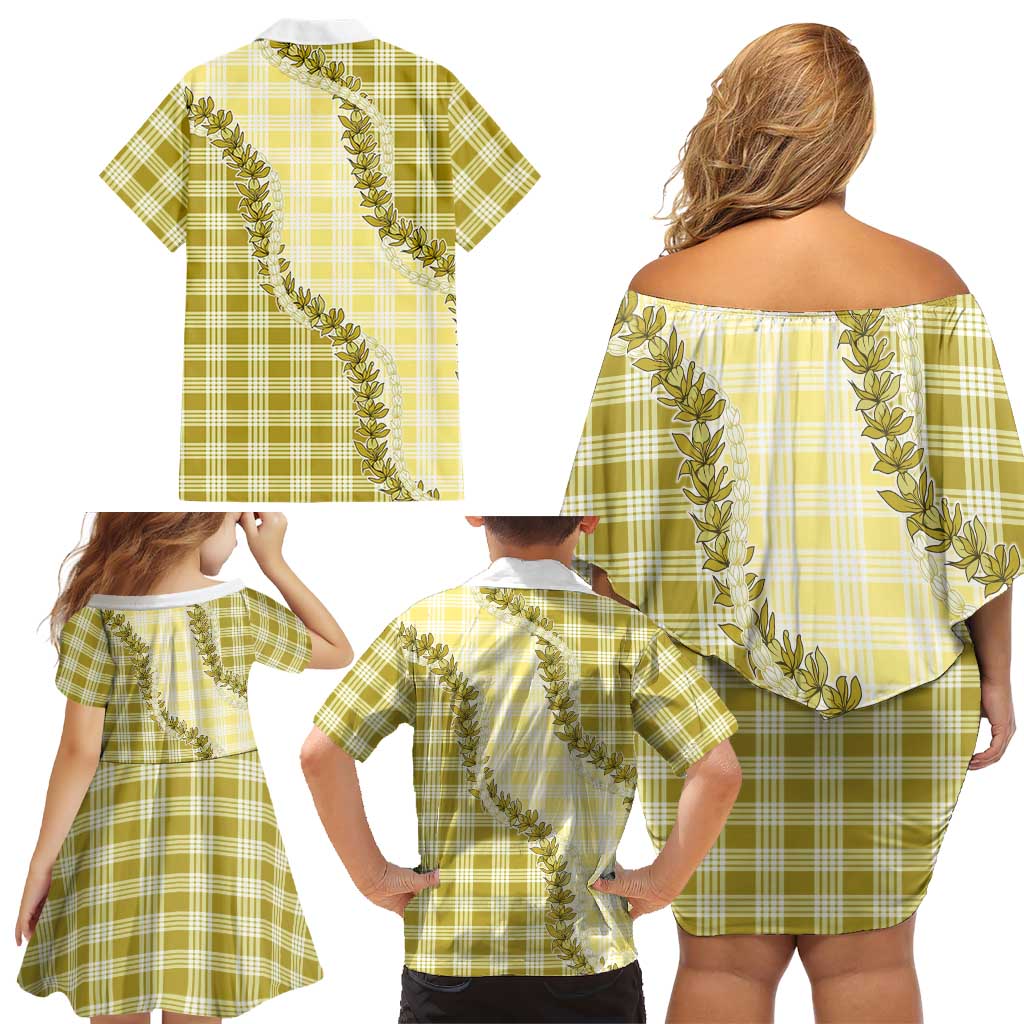 Yellow Hawaii Palaka Family Matching Off Shoulder Short Dress and Hawaiian Shirt Hawaiian Pikake Lei LT05 - Polynesian Pride