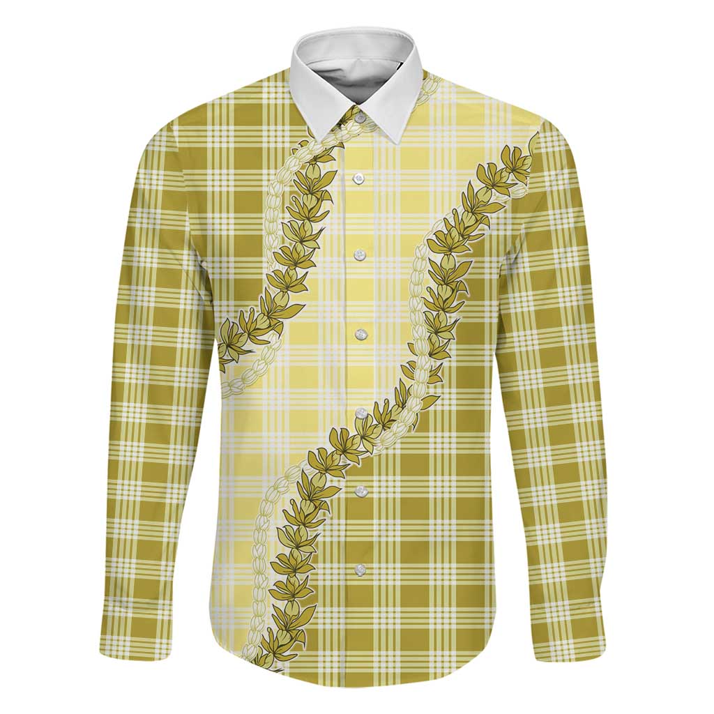 Yellow Hawaii Palaka Family Matching Off Shoulder Short Dress and Hawaiian Shirt Hawaiian Pikake Lei LT05 Dad's Shirt - Long Sleeve Yellow - Polynesian Pride