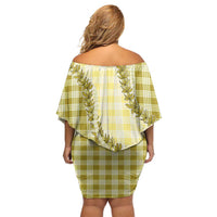 Yellow Hawaii Palaka Family Matching Off Shoulder Short Dress and Hawaiian Shirt Hawaiian Pikake Lei LT05 - Polynesian Pride