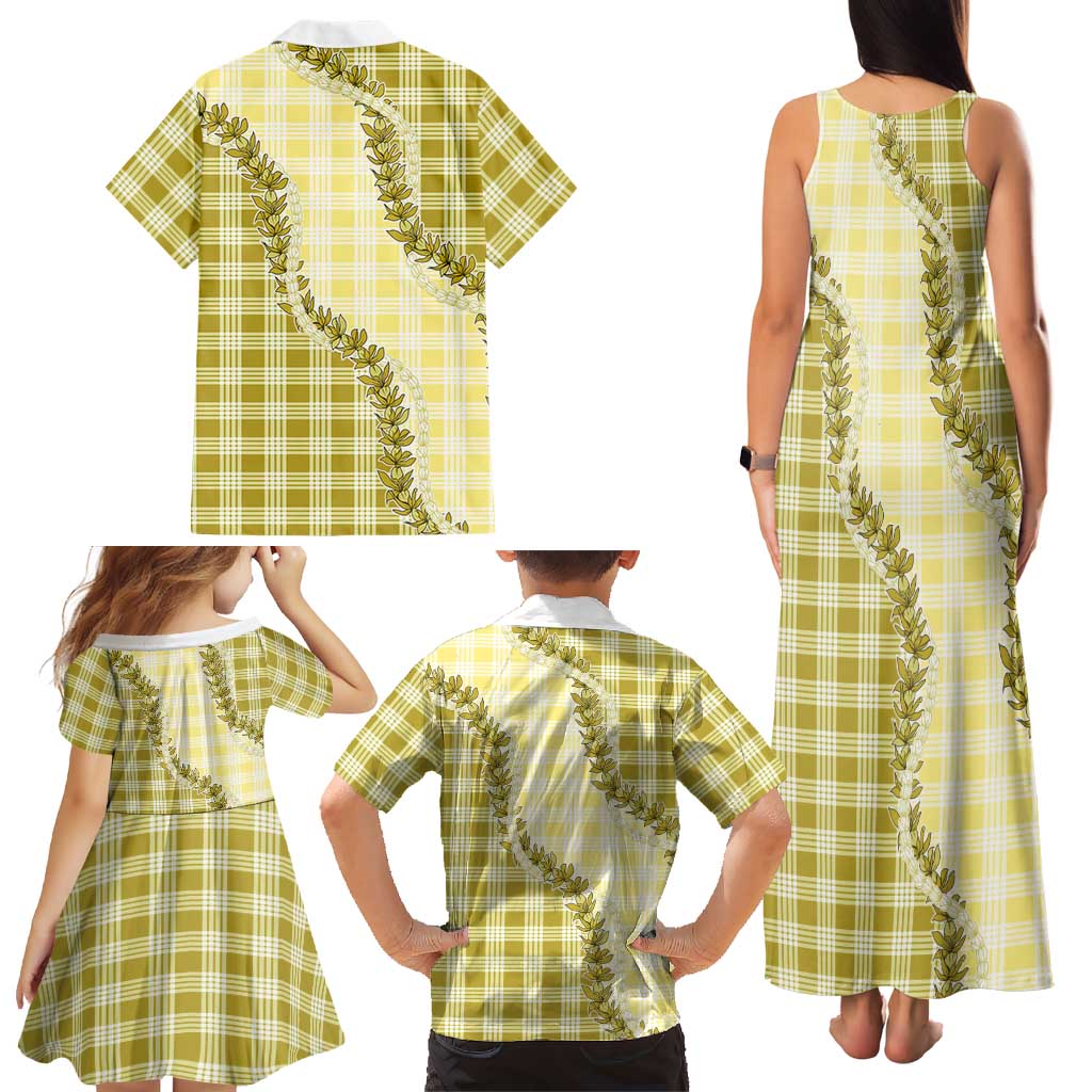 Yellow Hawaii Palaka Family Matching Tank Maxi Dress and Hawaiian Shirt Hawaiian Pikake Lei LT05 - Polynesian Pride