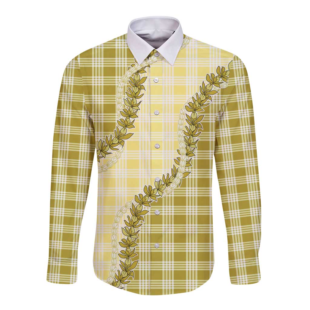 Yellow Hawaii Palaka Long Sleeve Button Shirt Hawaiian Pikake Lei