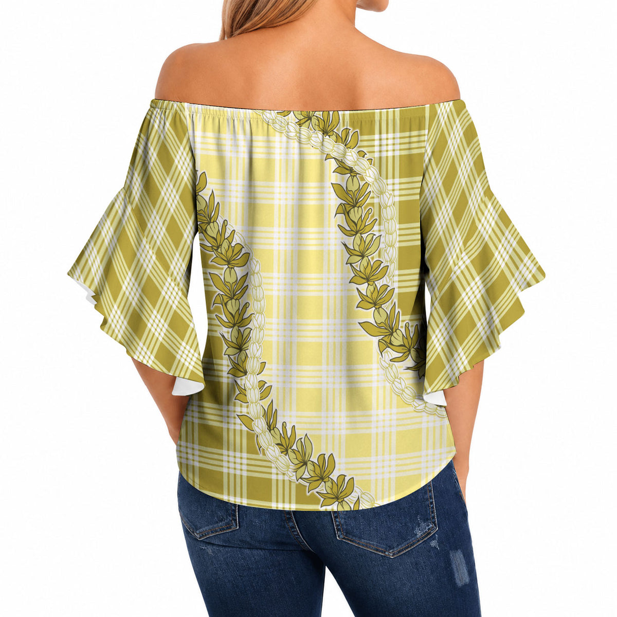 Yellow Hawaii Palaka Off Shoulder Wrap Waist Top Hawaiian Pikake Lei LT05 - Polynesian Pride