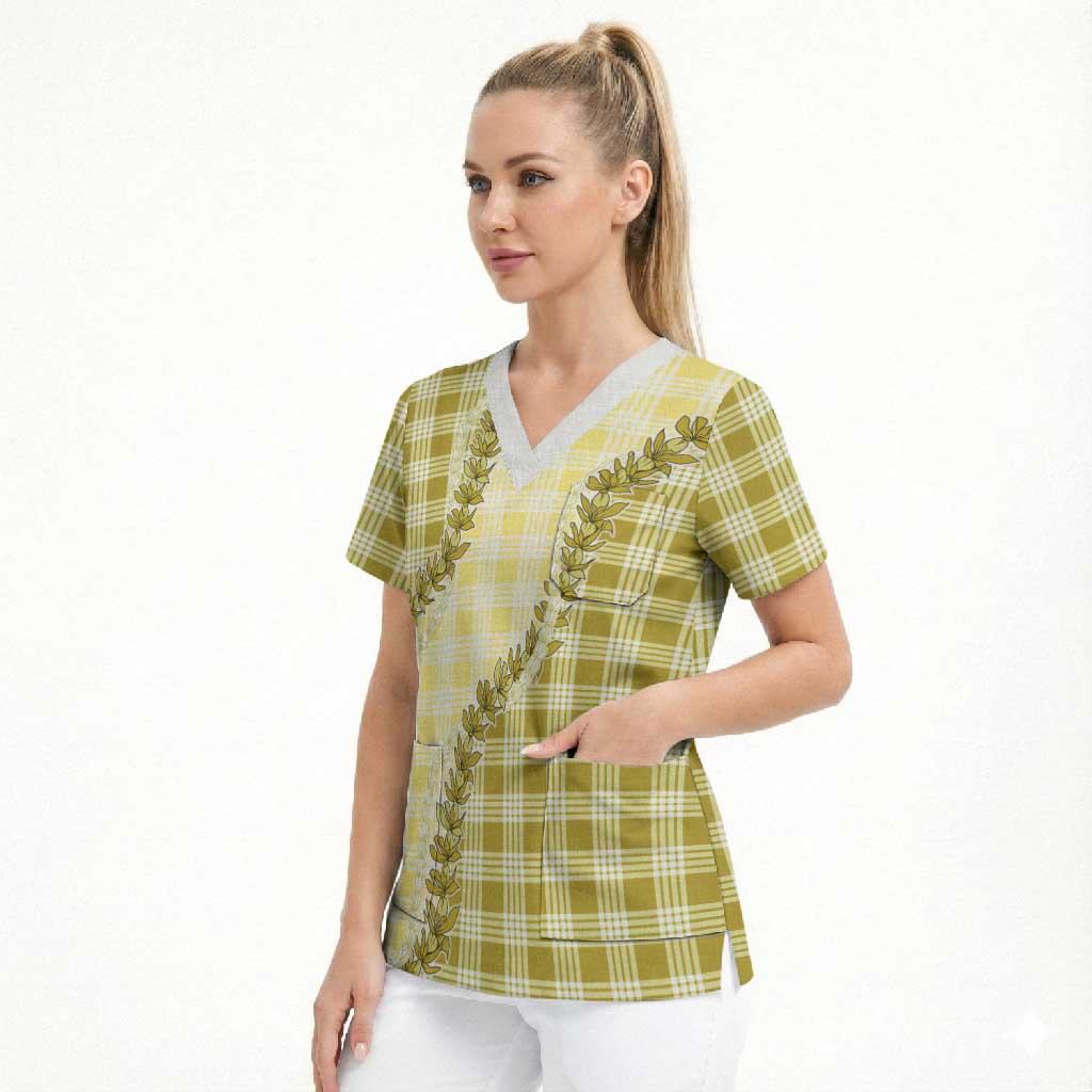 Yellow Hawaii Palaka Scrub Top Hawaiian Pikake Lei