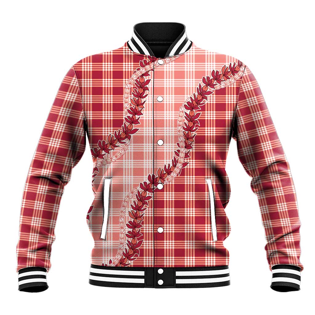 Red Hawaii Palaka Baseball Jacket Hawaiian Pikake Lei