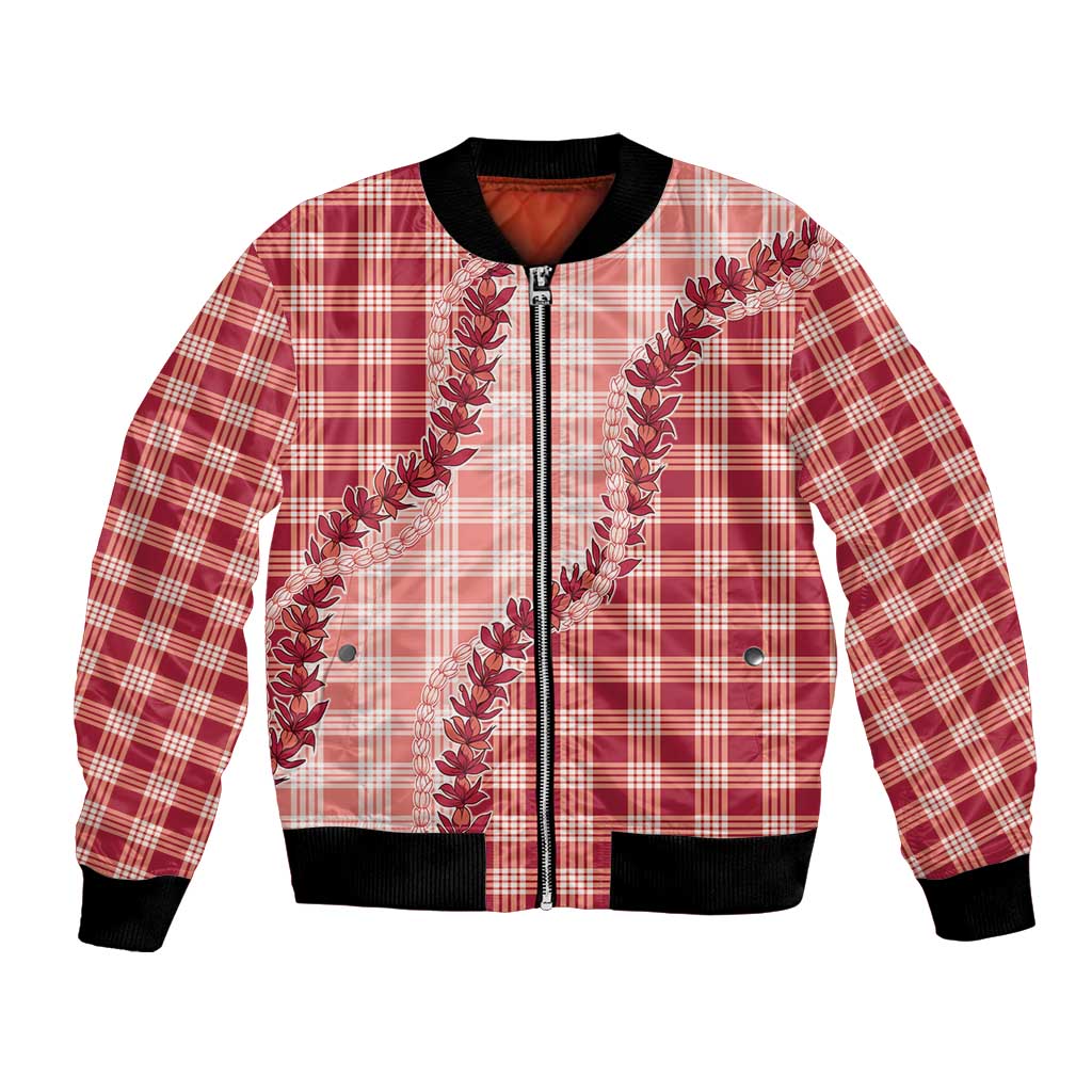 Red Hawaii Palaka Bomber Jacket Hawaiian Pikake Lei