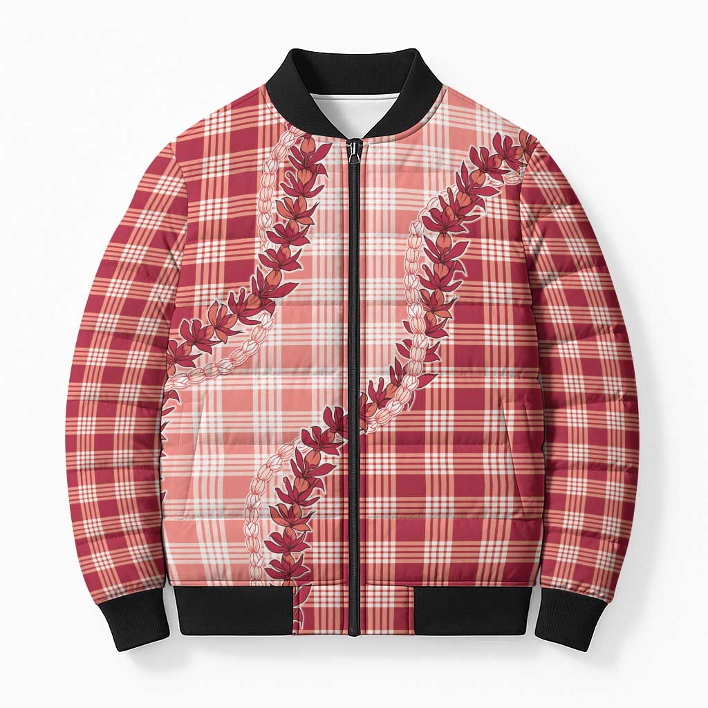 Red Hawaii Palaka Bomber Puffer Jacket Hawaiian Pikake Lei