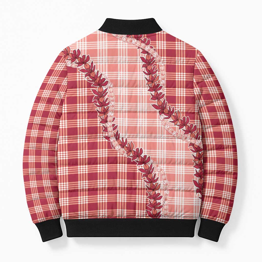 Red Hawaii Palaka Bomber Puffer Jacket Hawaiian Pikake Lei
