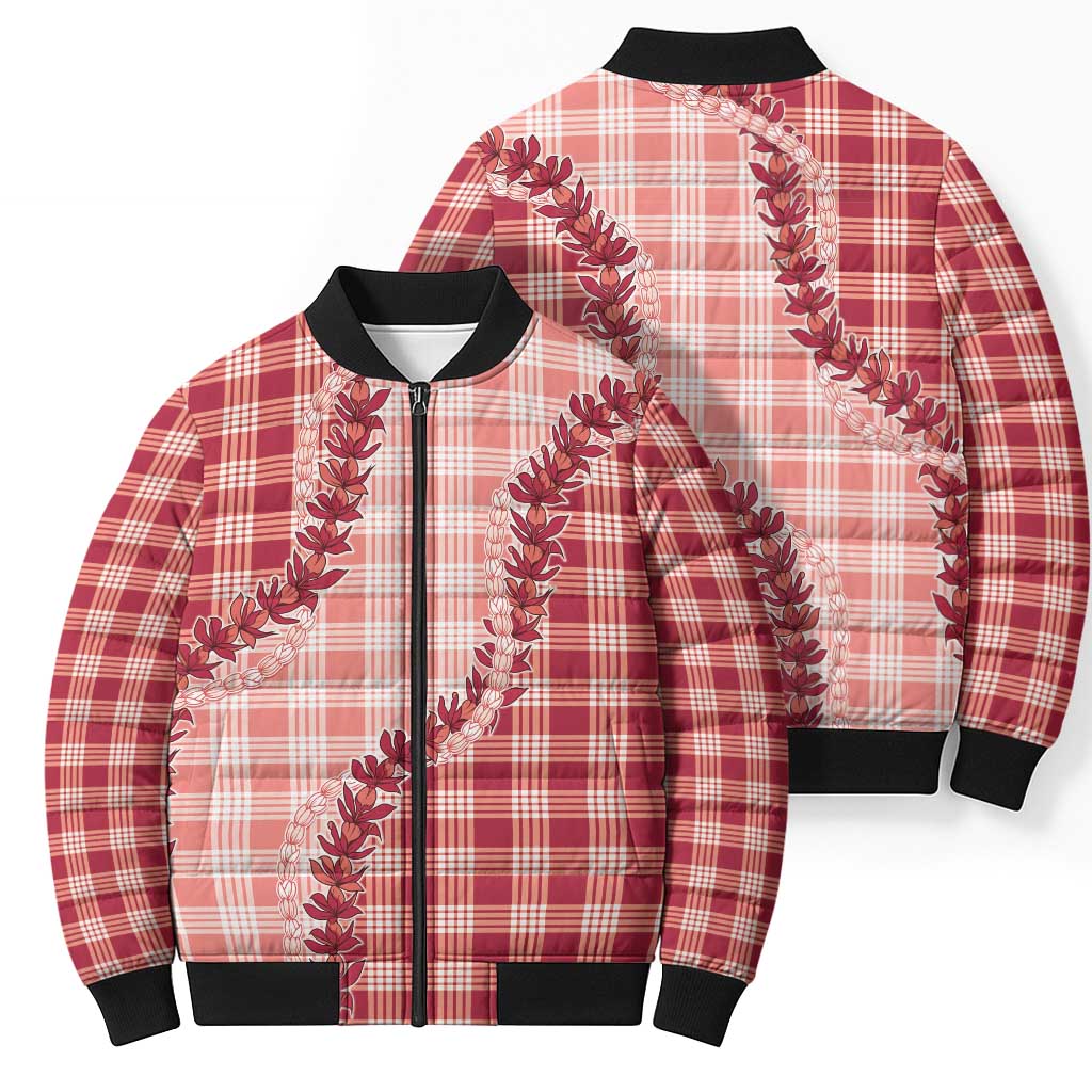 Red Hawaii Palaka Bomber Puffer Jacket Hawaiian Pikake Lei