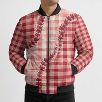 Red Hawaii Palaka Bomber Puffer Jacket Hawaiian Pikake Lei