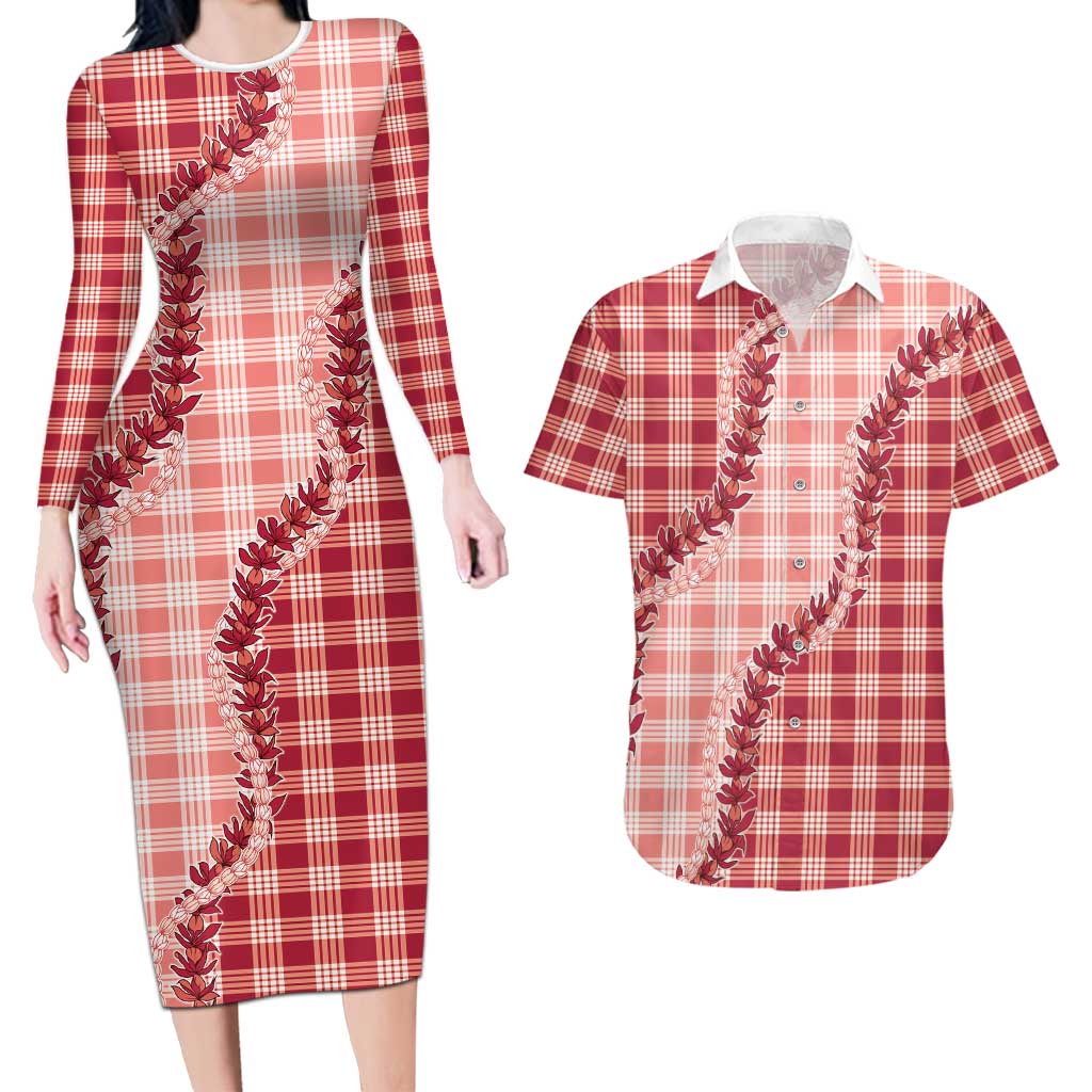 Red Hawaii Palaka Couples Matching Long Sleeve Bodycon Dress and Hawaiian Shirt Hawaiian Pikake Lei LT05 Red - Polynesian Pride
