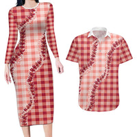 Red Hawaii Palaka Couples Matching Long Sleeve Bodycon Dress and Hawaiian Shirt Hawaiian Pikake Lei LT05 Red - Polynesian Pride