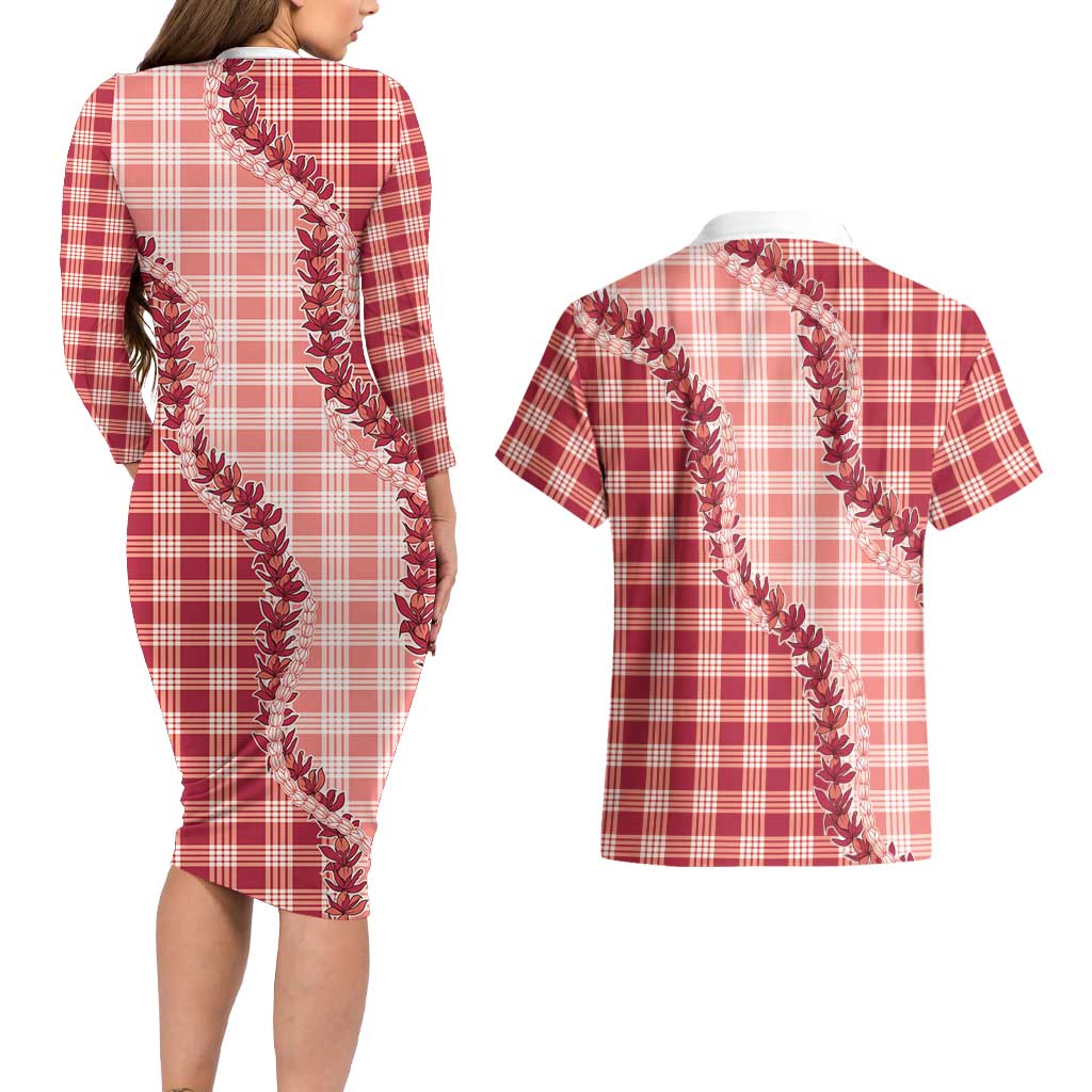 Red Hawaii Palaka Couples Matching Long Sleeve Bodycon Dress and Hawaiian Shirt Hawaiian Pikake Lei LT05 - Polynesian Pride