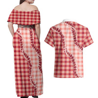 Red Hawaii Palaka Couples Matching Off Shoulder Maxi Dress and Hawaiian Shirt Hawaiian Pikake Lei