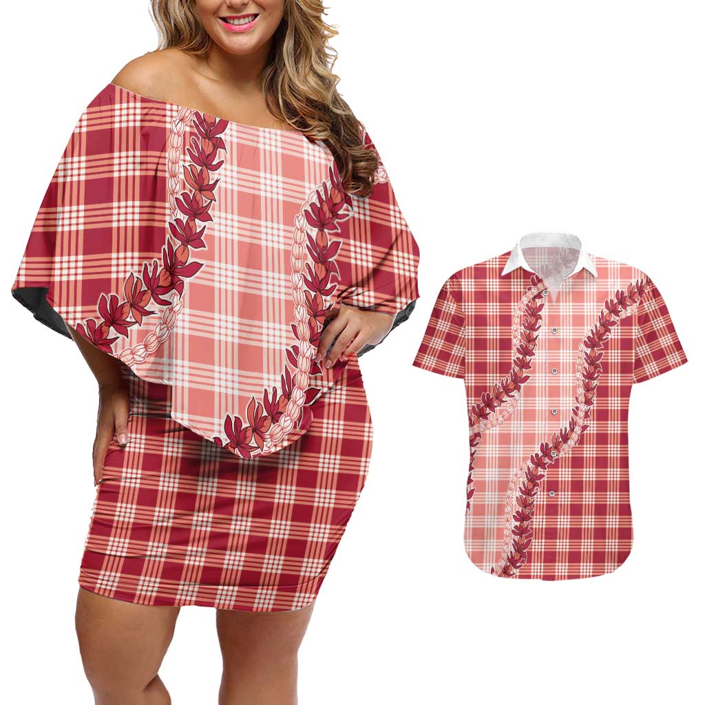 Red Hawaii Palaka Couples Matching Off Shoulder Short Dress and Hawaiian Shirt Hawaiian Pikake Lei LT05 Red - Polynesian Pride