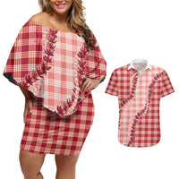 Red Hawaii Palaka Couples Matching Off Shoulder Short Dress and Hawaiian Shirt Hawaiian Pikake Lei LT05 Red - Polynesian Pride